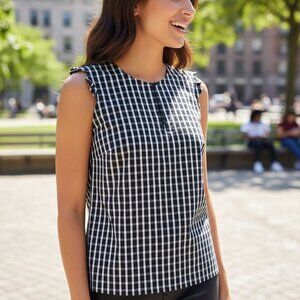 1901 Navy Blue & White Gingham Button Keyhole Scallop Sleeveless Shell Blouse